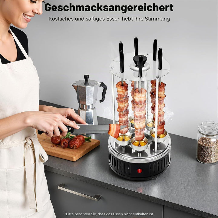 Elektrischer Grill, 1000W Vertikaler Elektrogrill Schaschlikgrill mit 6 Schaschlikspiesse, BBQ Verti