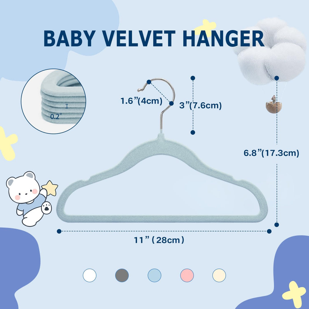 Wellong Kinderkleiderbügel, 28 cm Baby-Samtbügel mit 360°-Drehhaken, rutschfeste Kleiderbügel Samt,