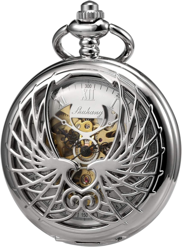 TREEWETO Unisex Taschenuhr mit Kette Analog Handaufzug Doppelscharnier Adler Skelett Römische Ziffer