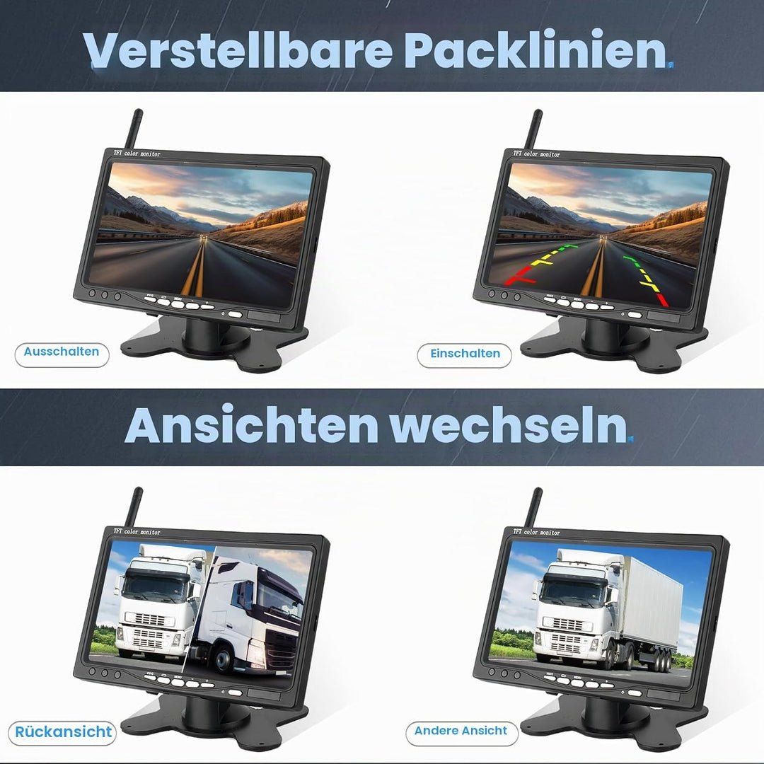 Kabelloses Rückfahrkameraset mit 7-Zoll-Bildschirm und 2 Wireless Rückfahrkameras, Nachtsicht, BSD,