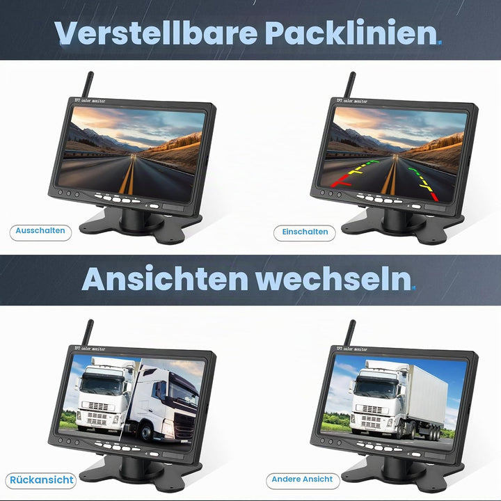 Kabelloses Rückfahrkameraset mit 7-Zoll-Bildschirm und 2 Wireless Rückfahrkameras, Nachtsicht, BSD,