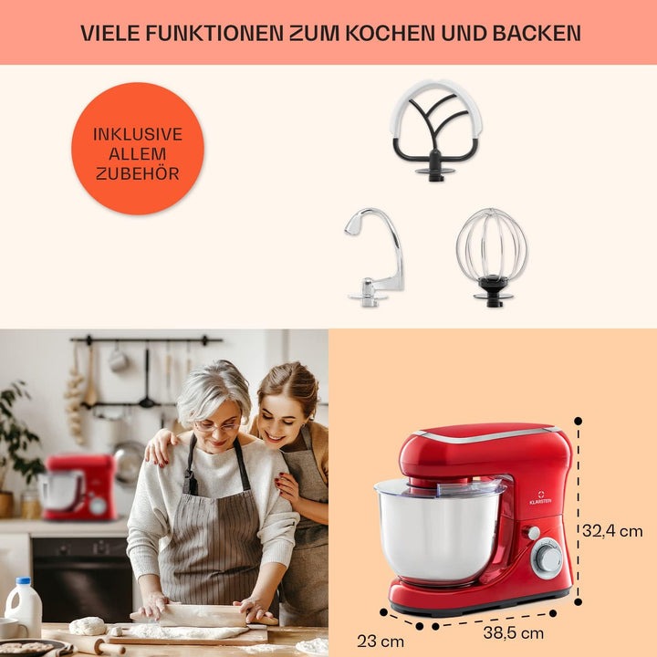 Klarstein Bella Küchenmaschine - Knetmaschine mit 6 Geschwindigkeitsstufen, Rührmaschne aus Edelstah