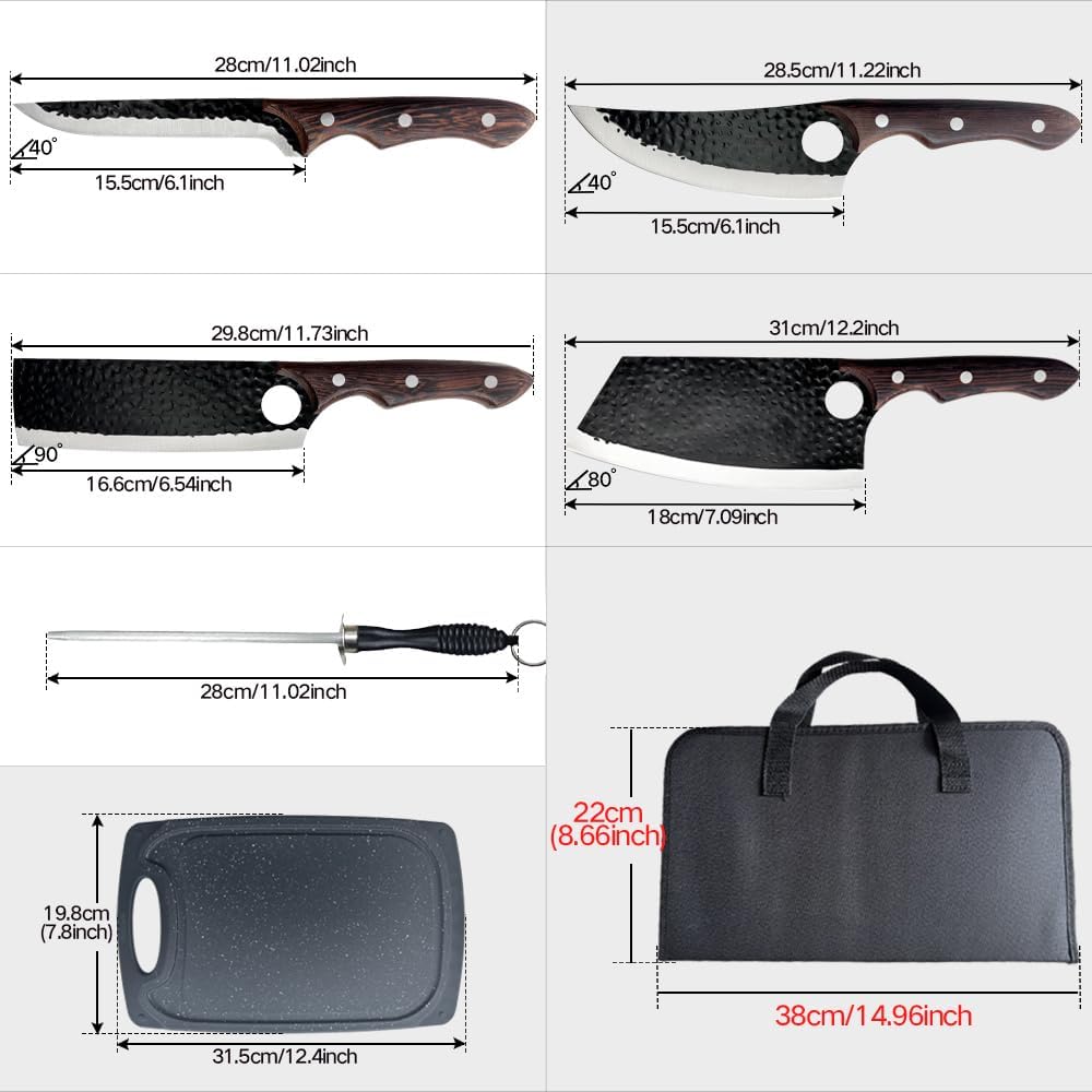 6PCS professionelles Metzger Messer Set mit Tasche, Schneidbrett, Schleiferstange Hand geschmiedet W