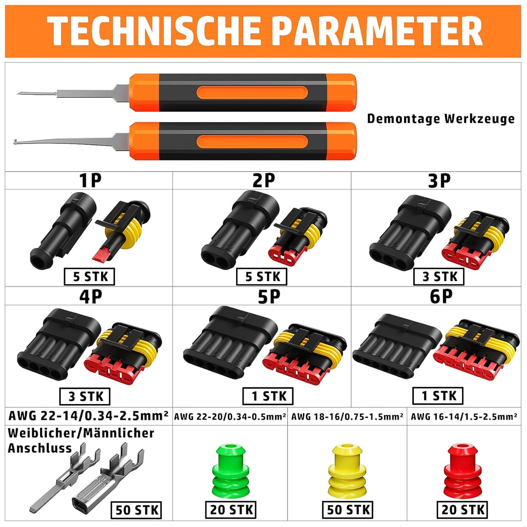 PEBA Crimpzange Wasserdicht Kfz Stecker Set, Crimpzangen 0.34-2.5mm², 1/2/3/4/5/6 Polig Steckverbind
