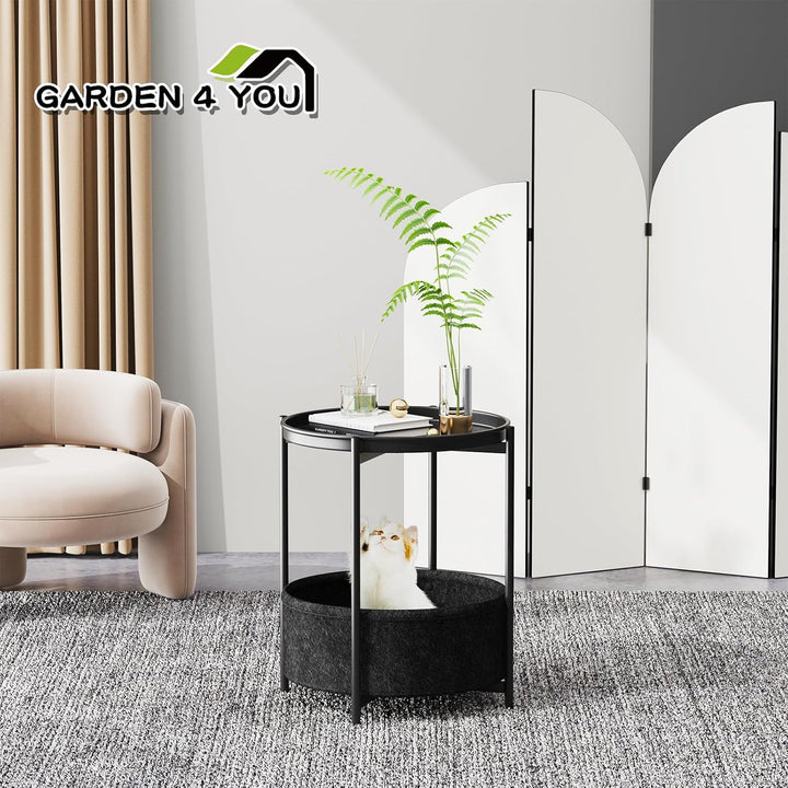 Beistelltisch Rund, Sofatisch 2 Ebenen, Metall Balkontisch, Kleiner Tisch, Couchtisch mit Korb aus S