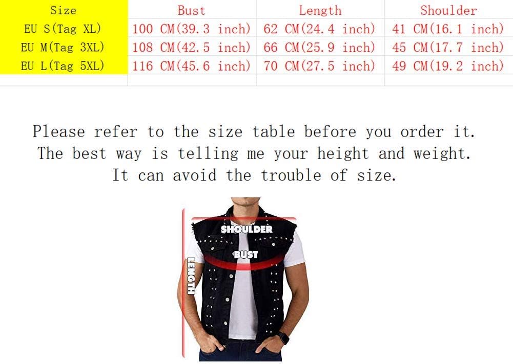 Idopy Herren Slim Fit Punk Denim Weste Ärmellose Jeans Weste Jacke mit Nieten S Schwarz, S Schwarz