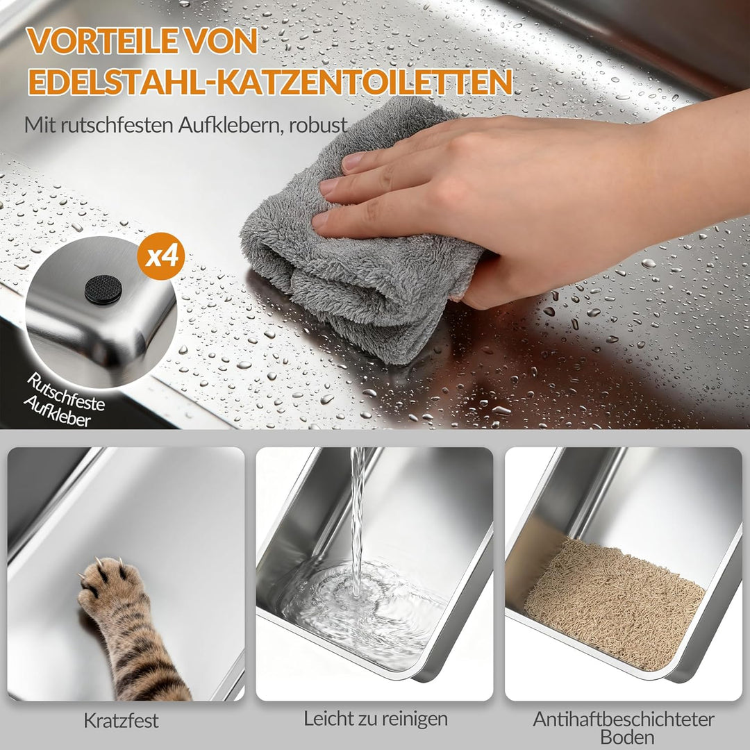 Edelstahl-Katzenklo mit Deckel, XXL Geschlossene Metall-Katzenklo, Katzentoiletten mit Schaufel und