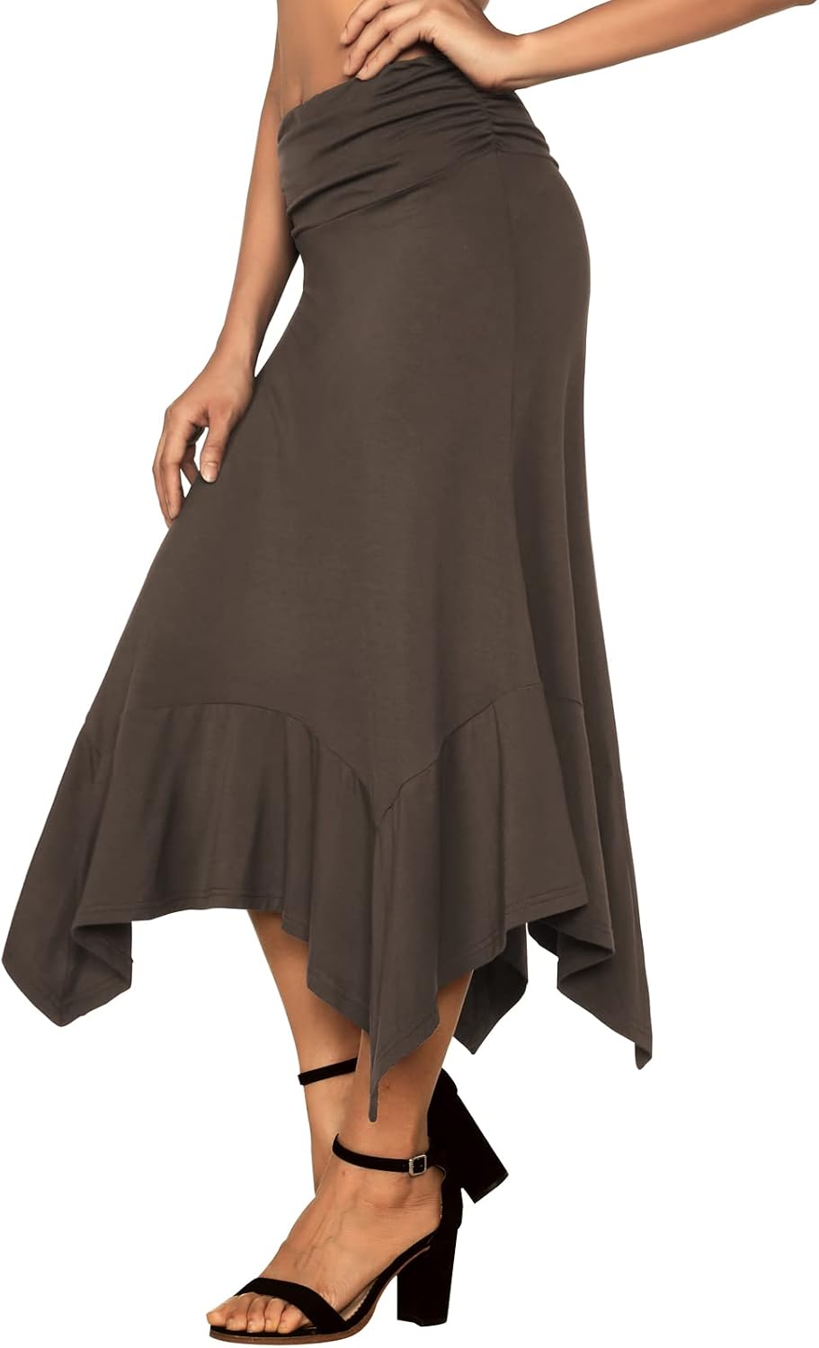 DJT Damen Elegant Elastisch Taille Rock A-Linie Faltenrock Midi Rock mit Taschentuch Saum S Tannenza