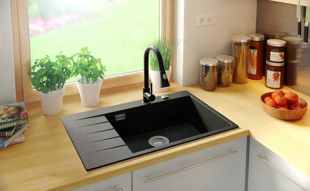 PRIMAGRAN Spülbecken Schwarz Metallic 78x50cm, Granitspüle 1 Becken + Ablauf-Set, Küchenspüle ab 60e