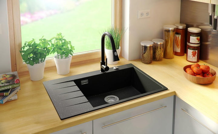 PRIMAGRAN Spülbecken Schwarz Metallic 78x50cm, Granitspüle 1 Becken + Ablauf-Set, Küchenspüle ab 60e