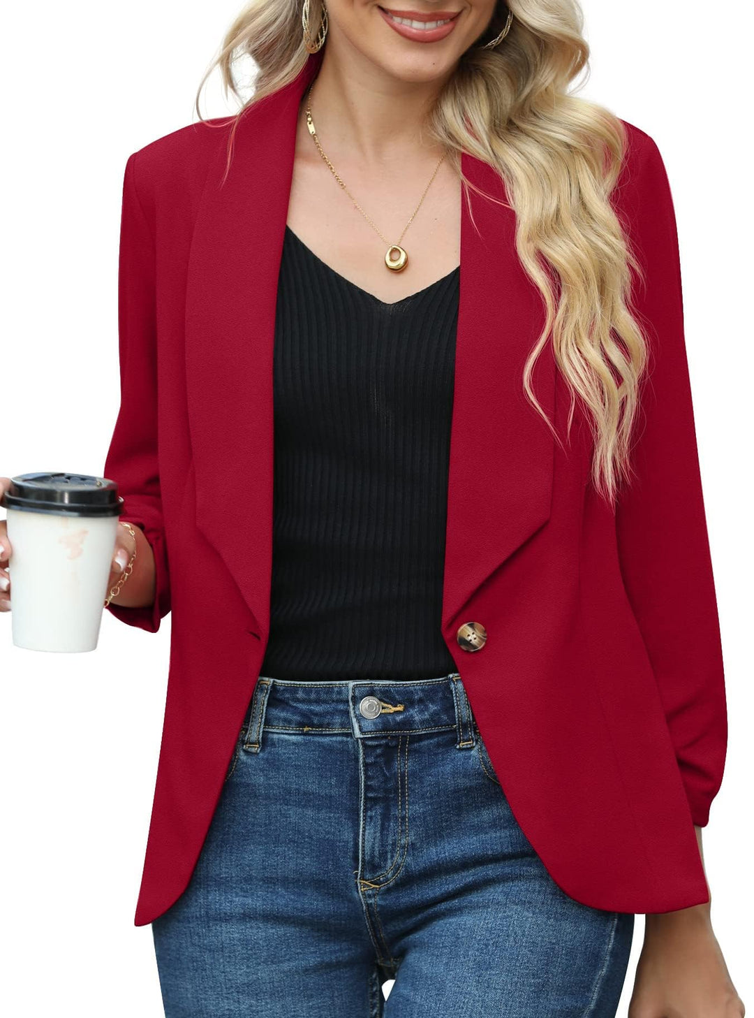 PrinStory Blazer Für Damen 3/4 Geraffte Ärmel Blazer Geschäft Büro Blazer Anzug Sportlich Jack Trenc