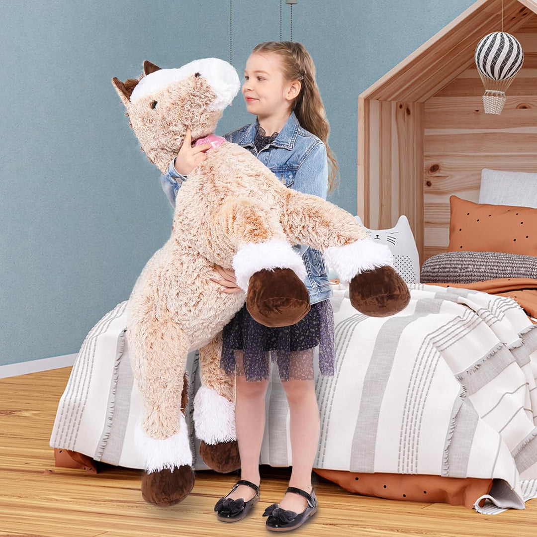 MorisMos 120cm lang riesen Pferd Kuscheltier XXL,Hellbraun gross Pony Pferd Plüschtier Stofftier,Geb