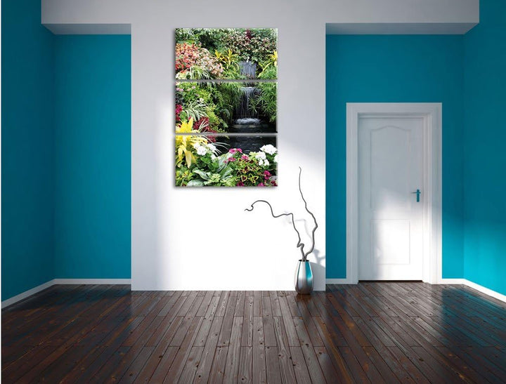 Pixxprint farbenfrohe Blumenoase 3-Teiler Leinwandbild 120x80 Bild auf Leinwand