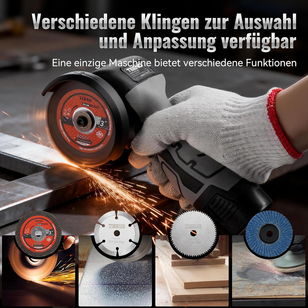 Winkelschleifer TEENO 19.500 U/min – kabellose Schleifmaschine, 76 mm, Komplettset mit 2 Akkus 2000