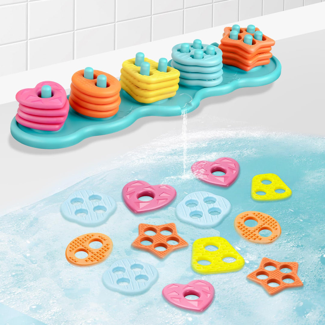 JoiTale Baby Badespielzeug, Schimmelfreies Silikon-Sortier- und Stapelspielzeug-Set für Kinder ab 1