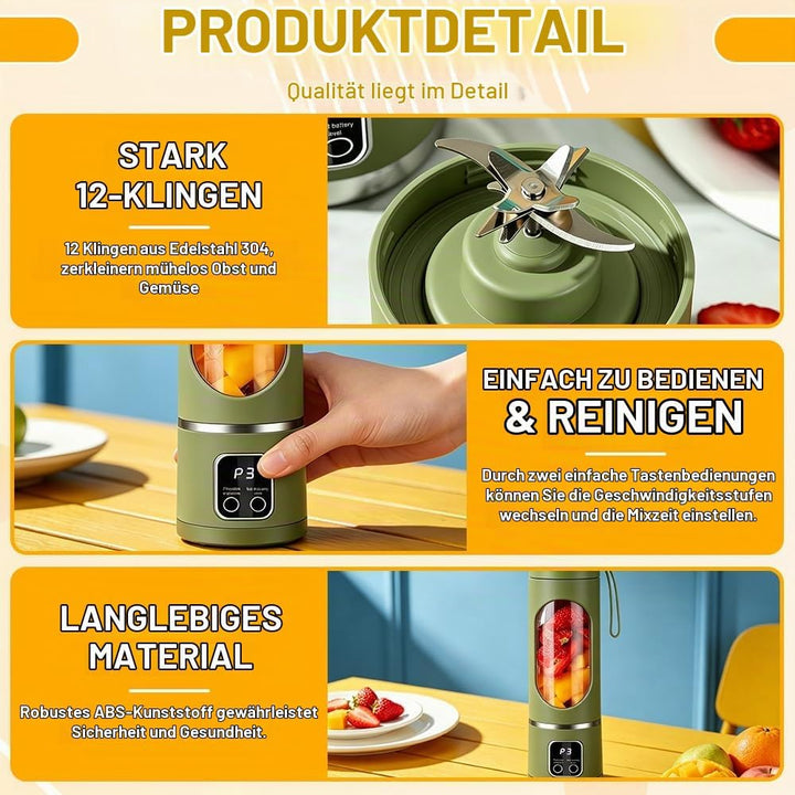 Tragbarer Mixer, 450ml Mixer Smoothie Maker to Go, Portable Blender mit 12-Blatt, Mini Standmixer mi