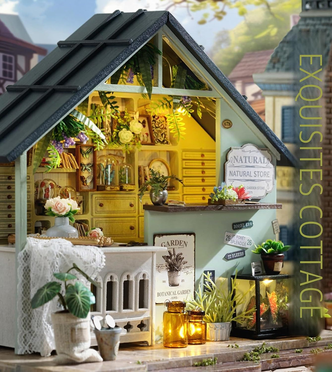 Spilay DIY Miniature House, Mini Handgefertigte Grünes Pflanzenstudio Kit Mit LED-Licht, Schutzhülle