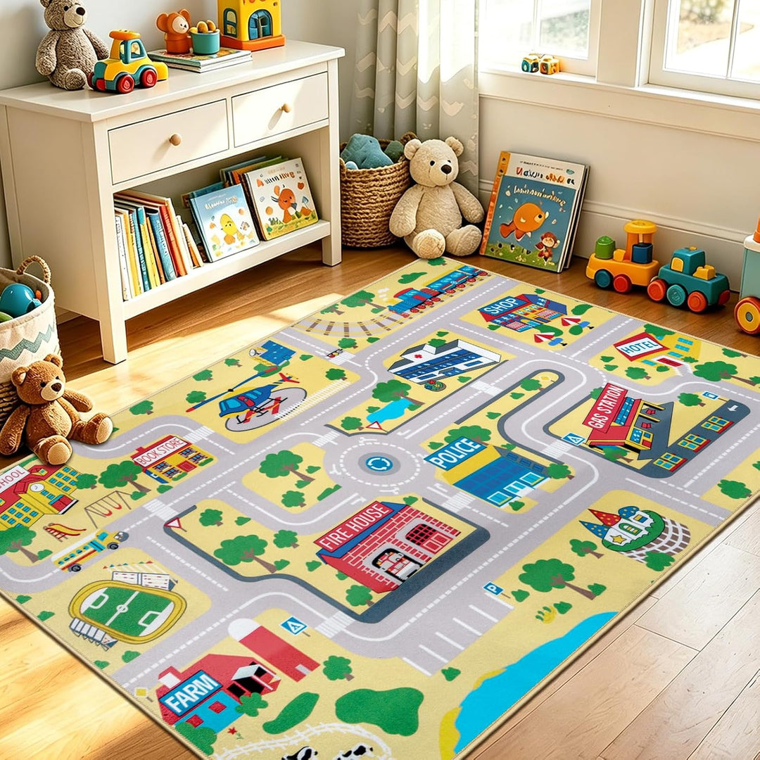 Capslpad Kinder Teppich Spielteppich für Kinder Stadt 100x160cm Rutschfest Kinderteppich Spielmatte