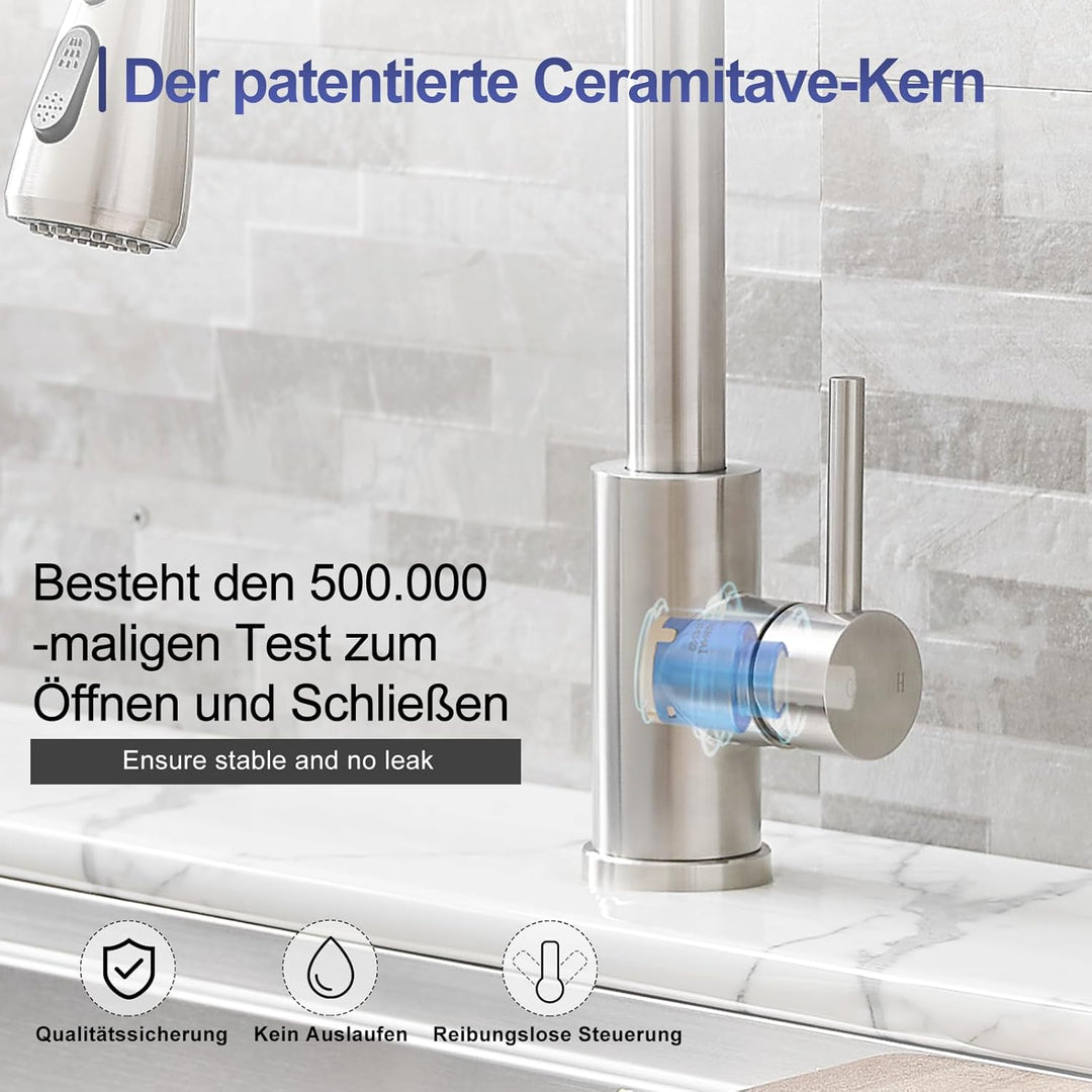 Wasserhahn Küche, Edelstahl, Hochdruck Küchenarmatur mit Herausziehbarer Brause Ausziehbar Armatur,