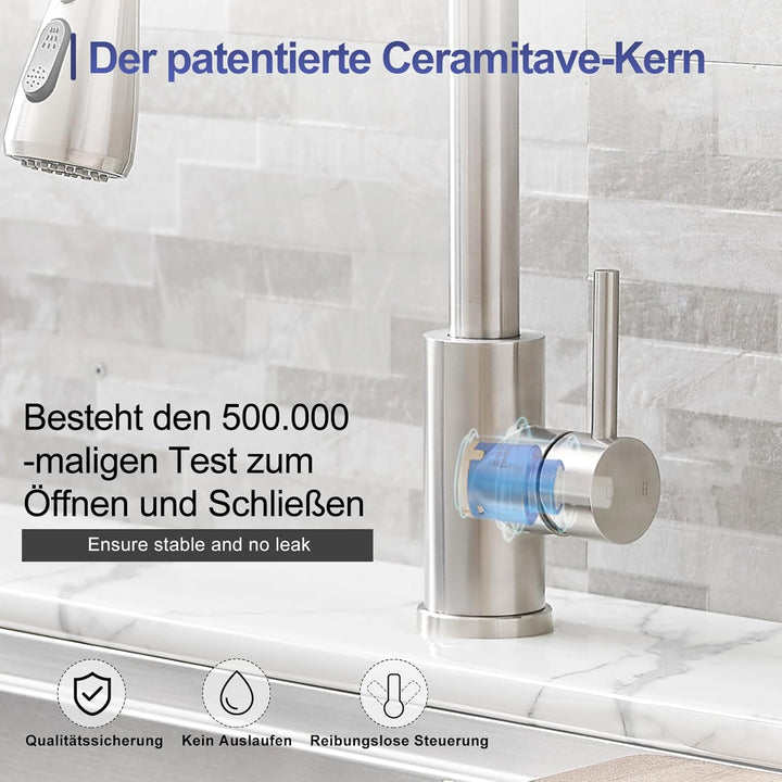 Wasserhahn Küche, Edelstahl, Hochdruck Küchenarmatur mit Herausziehbarer Brause Ausziehbar Armatur,