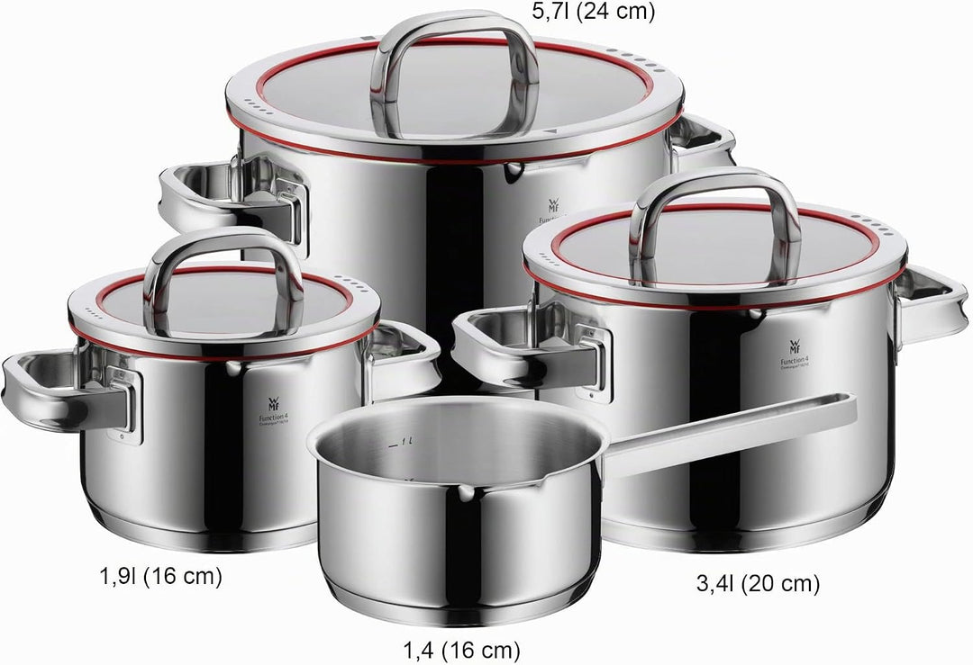 WMF Function 4 Topfset Induktion 4-teilig, Cromargan Edelstahl poliert, Glasdeckel mit 4 Abgiessfunk