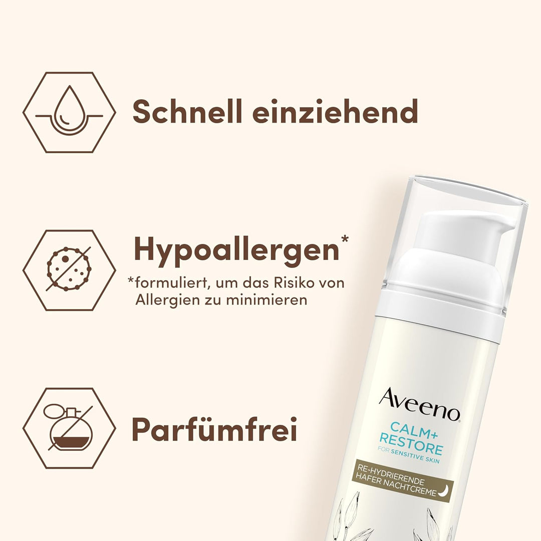 Aveeno CALM+RESTORE Nachtcreme – beruhigende Pflege mit Hafer und Sheabutter für empfindliche Haut,