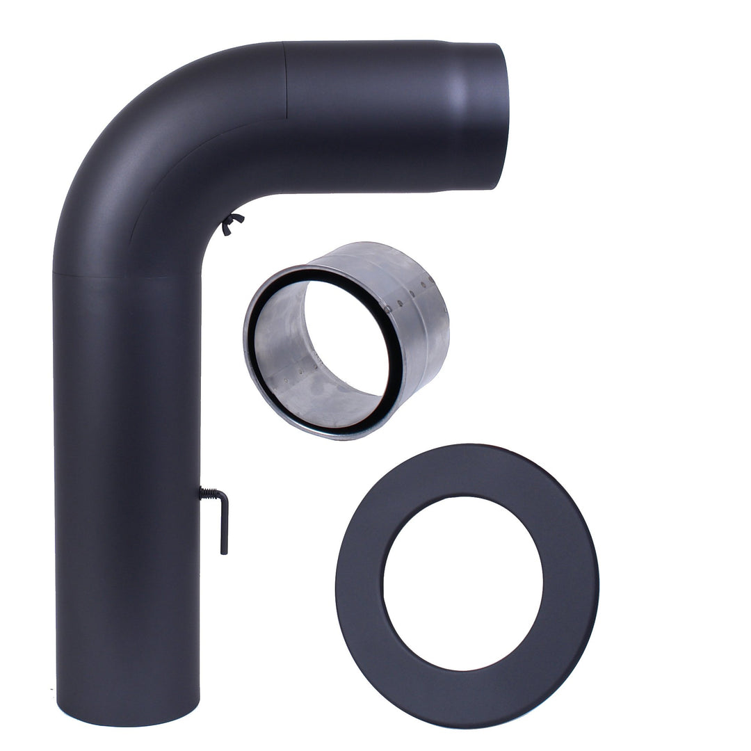 Ofenrohr Fullform Bogenrohrset Ø150mm schwarz Höhe 700 mm, Tiefe 450 mm dreiteilig mit Wandfutter un