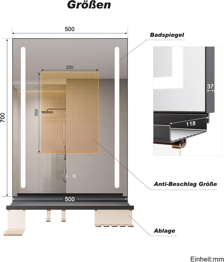SONNI LED Badspiegel 50x70cm + 50cm Ablage, Touch Badezimmerspiegel mit Beleuchtung, 3 Lichtfarben,