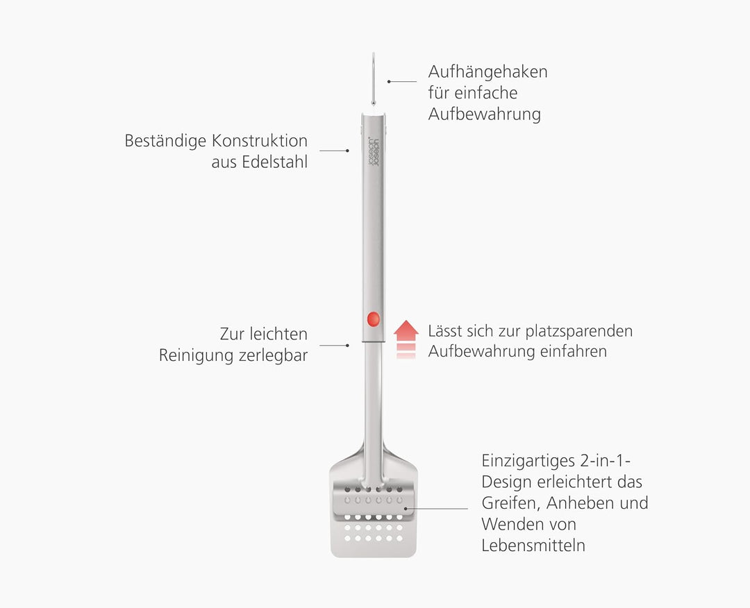 Joseph Joseph GrillOut BBQ-Wender Zange, 2-in-1 mit Teleskopkopf, Robustes Edelstahl, Kompakte Aufbe
