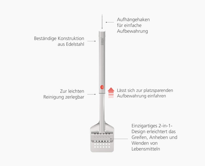 Joseph Joseph GrillOut BBQ-Wender Zange, 2-in-1 mit Teleskopkopf, Robustes Edelstahl, Kompakte Aufbe
