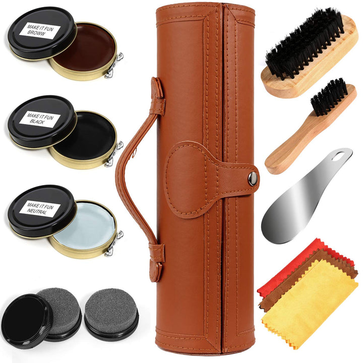 Schuhputz-Set mit einem glatten und eleganten PU Etui, Schuhputz-Reise Set mit Bürste, bestehend aus