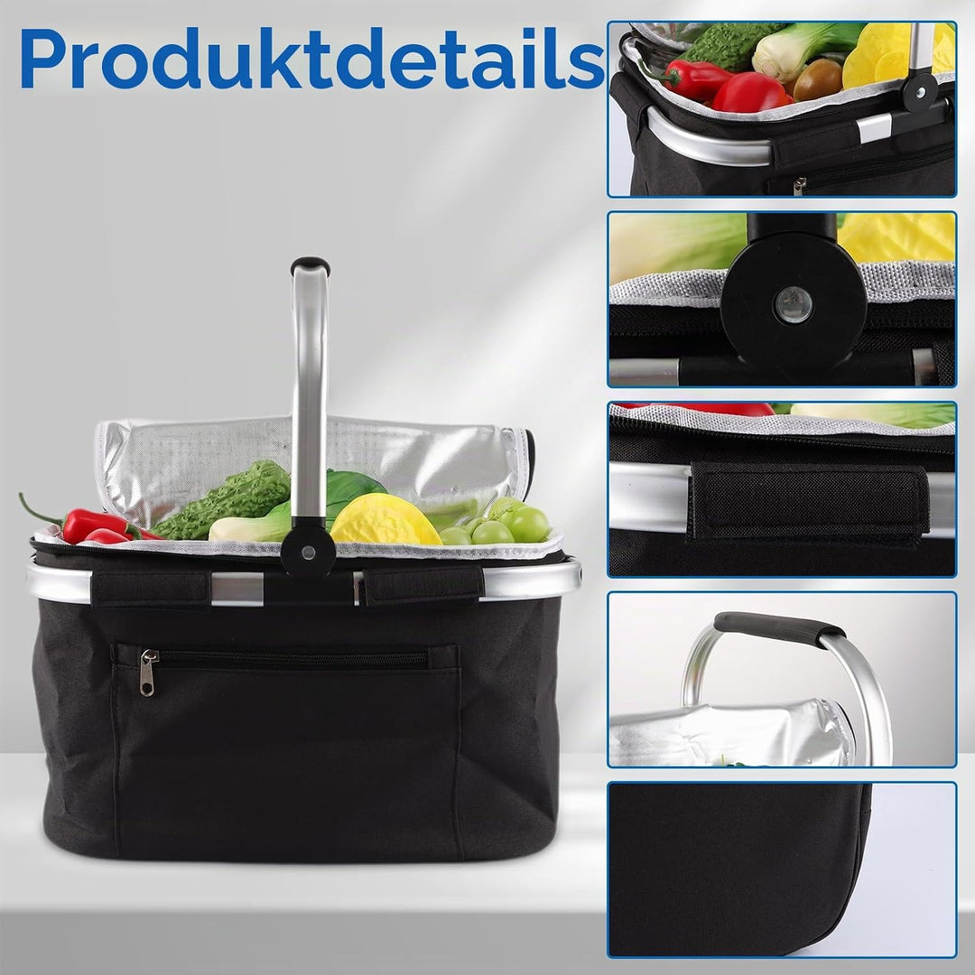VIDETOL Einkaufskorb Faltbar, 33L Kühltasche Picknickkorb Gross, Schwarze Kühlkorb mit Deckel und Al