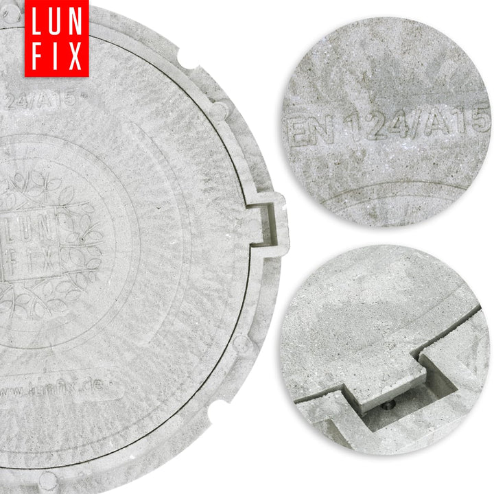 Lun Fix Schachtabdeckung mit Flanschrahmen DN 600 mm A15, HELLGRAU Schachtdeckel mit Manipulationssc