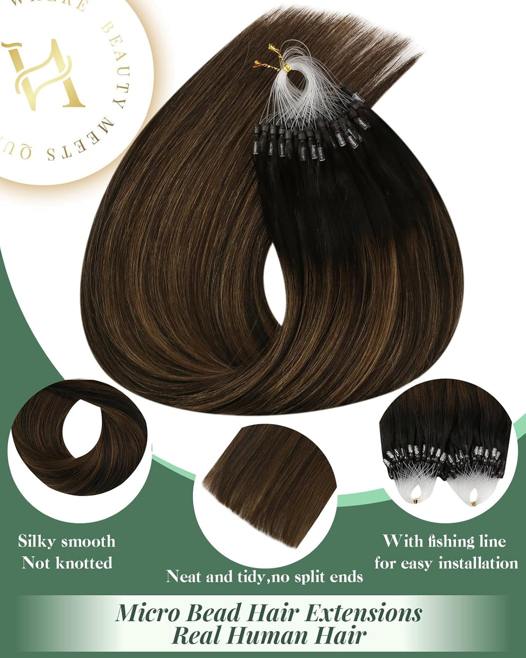 Ugeat 35cm Haarverlängerung Micro Bondings Ombre Balayage Dunkelstes Braun mit Mittelbraun 2/6/2 50S