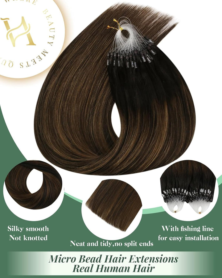 Ugeat 35cm Haarverlängerung Micro Bondings Ombre Balayage Dunkelstes Braun mit Mittelbraun 2/6/2 50S