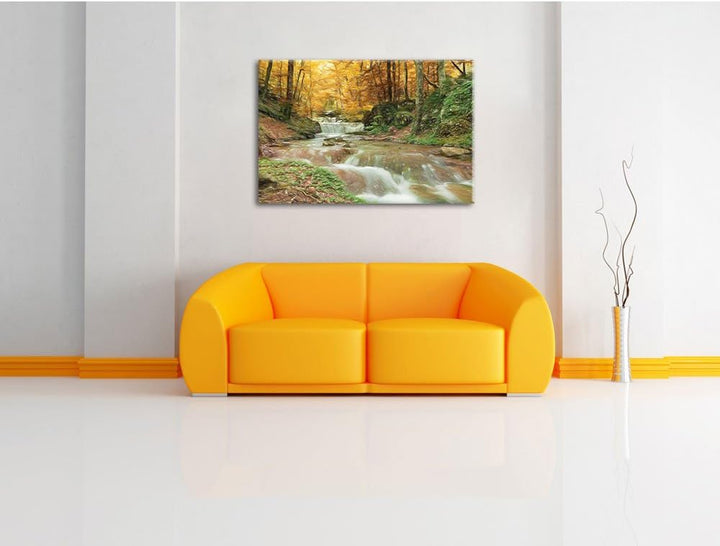 Pixxprint Waldbach im Herbst als Leinwandbild/Grösse: 120x80 cm/Wandbild/Kunstdruck/fertig bespannt,