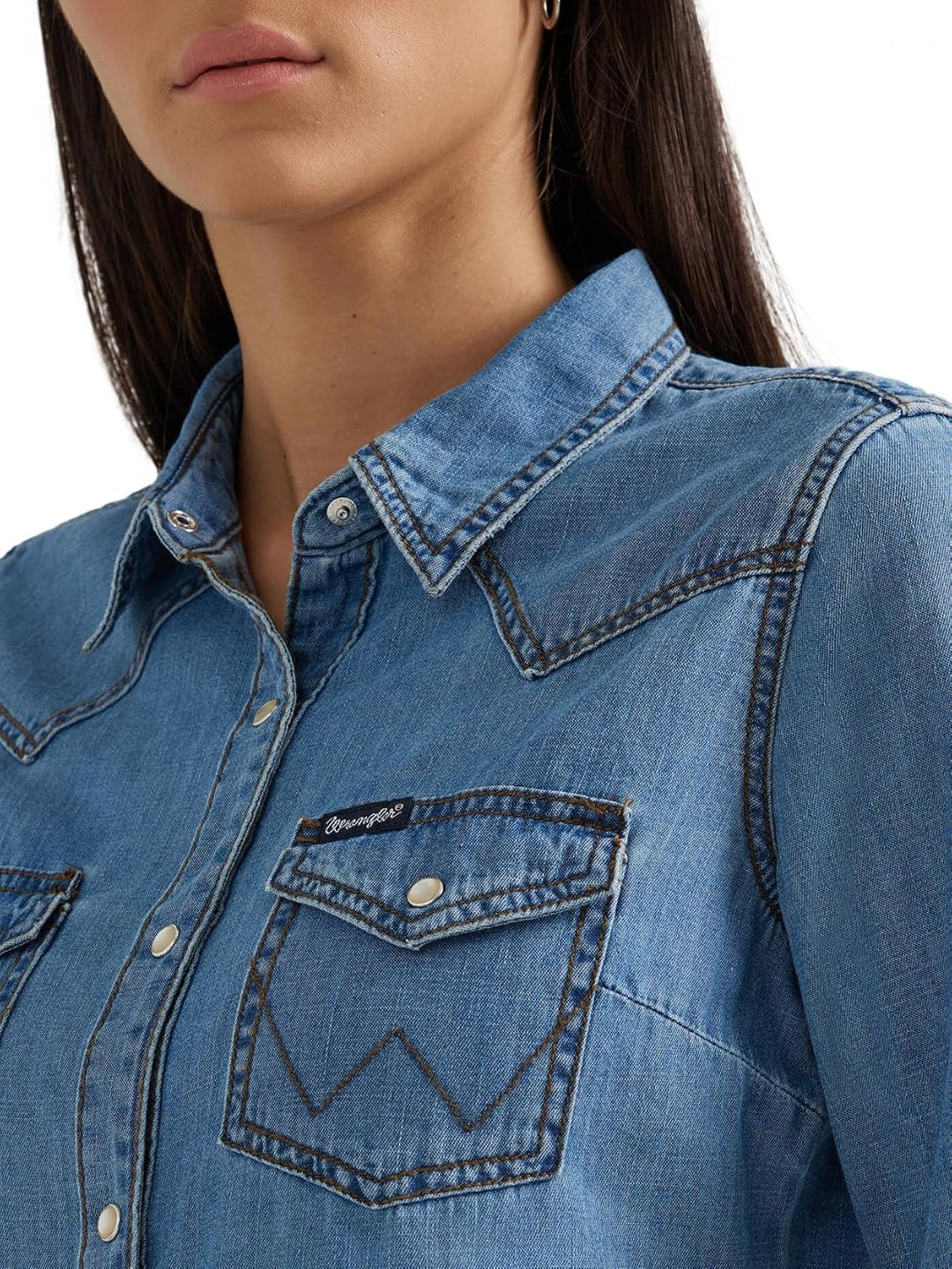 Wrangler, Retro Langarm-Western-Hemd für Damen mit Druckknöpfen, in Mittelblau S Mid-denim, S Mid-de