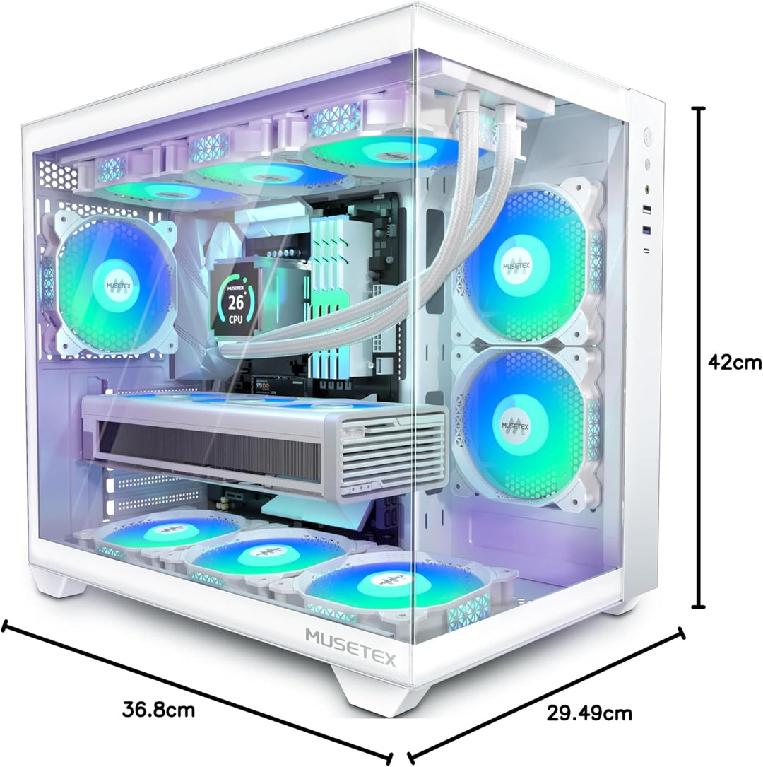 MUSETEX PC Gehäuse ATX,6 PWM ARGB Lüfter vorinstalliert,360MM Rad Unterstützung,Type-C Gaming PC Geh