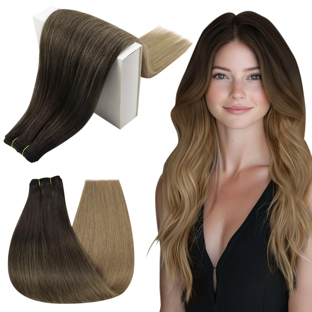 RUNATURE Extensions Echthaar Tressen Zum Einnähen Braun 50cm 100g Tressen Echthaar Extensions Ombre