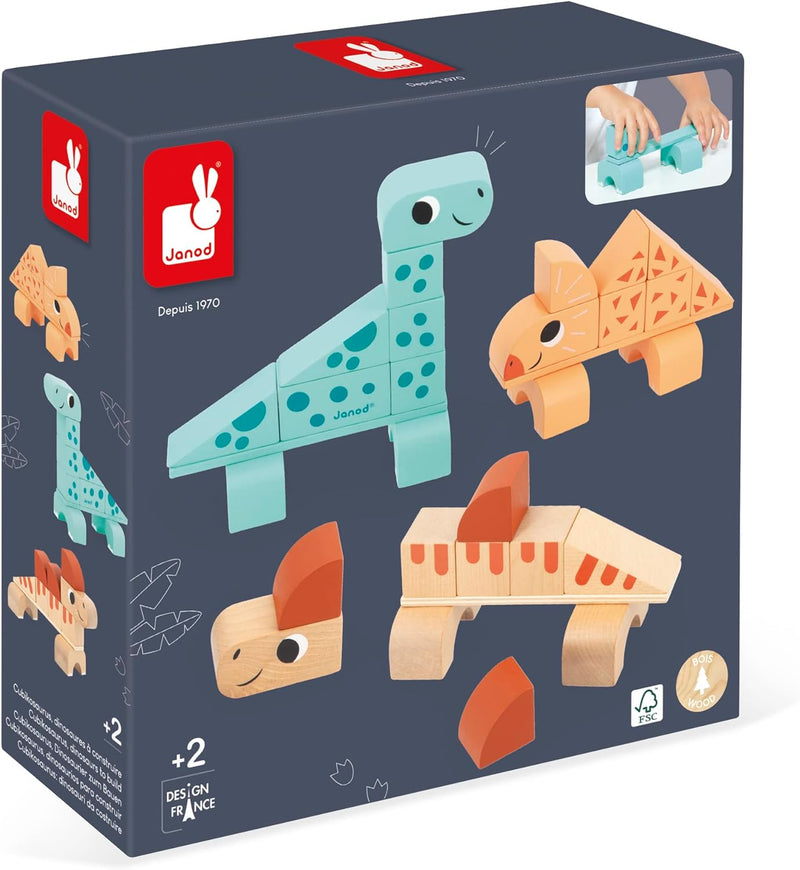 Janod - Bauspiel Cubikosaurus Dinosaurier - 3 Dinos zum Bauen - Lernspiel zum Stapeln - Spielzeug au