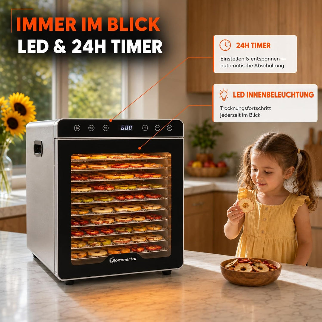 Sommertal Dörrautomat Silence 800 | 12 Edelstahl-Einschübe 800 Watt leise | 24h Timer, 30-85°C, Dehy