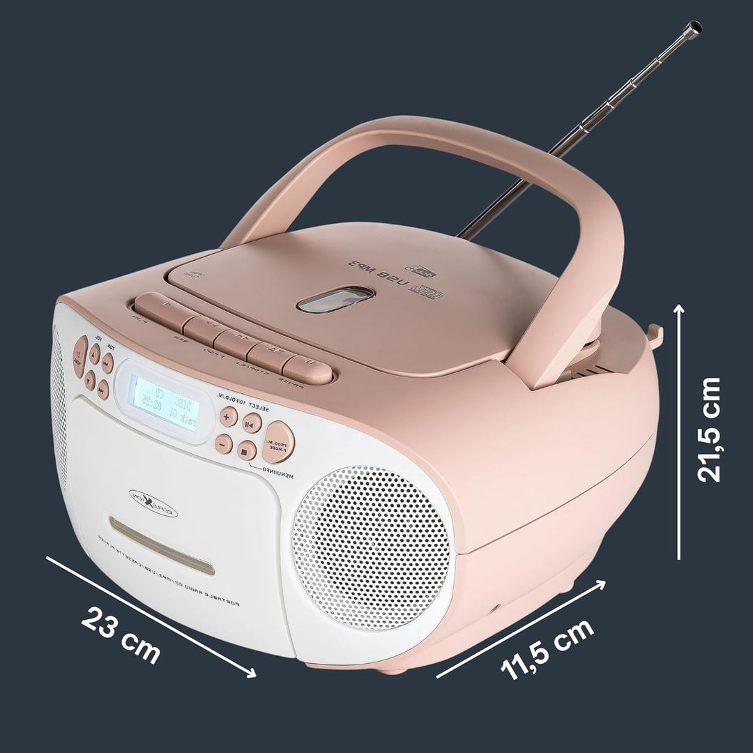 Reflexion RCR2260DAB/PK, Tragbares CD/MP3-Cassetten-USB-DAB+-Stereo Radio (2x12 Watt max. Musikleist