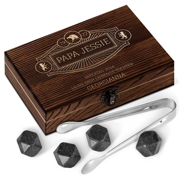 Maverton Whisky Steine Set - in Holzbox - personalisiert - 6 Eiswürfel + Zange + Velourbeutel - Kühl