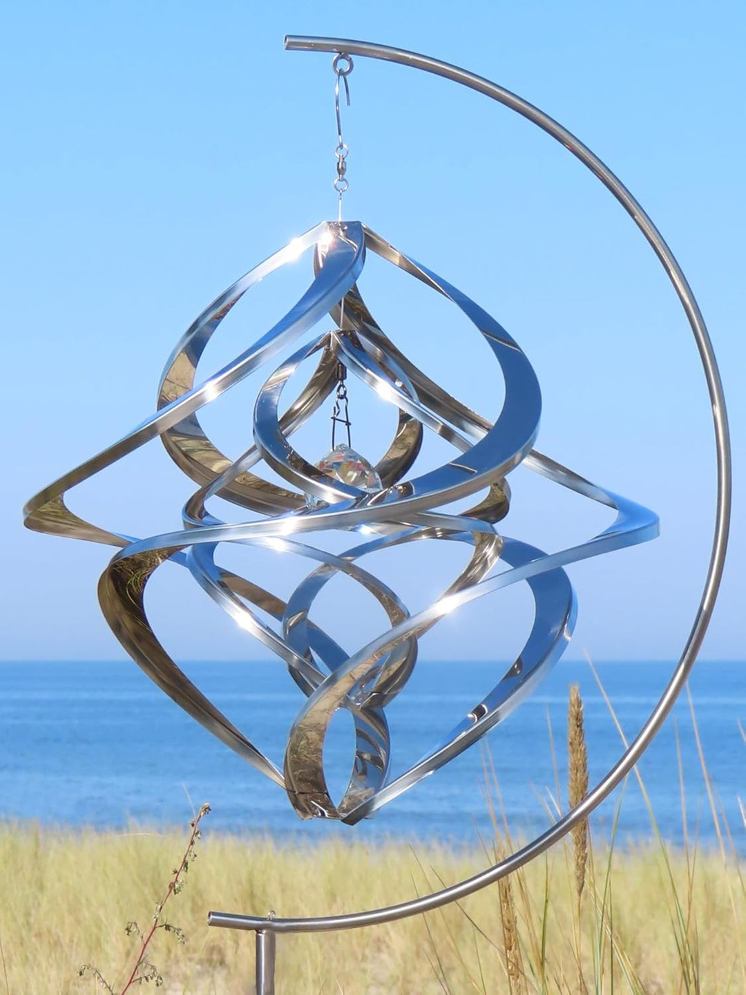 POMMERNTRAUM ® | Edelstahlwindspiel MIT STÄNDER + 4 cm KRISTALL | Windspiel Edelstahl | Winddancer |