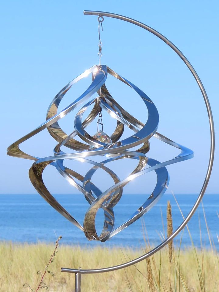 POMMERNTRAUM ® | Edelstahlwindspiel MIT STÄNDER + 4 cm KRISTALL | Windspiel Edelstahl | Winddancer |