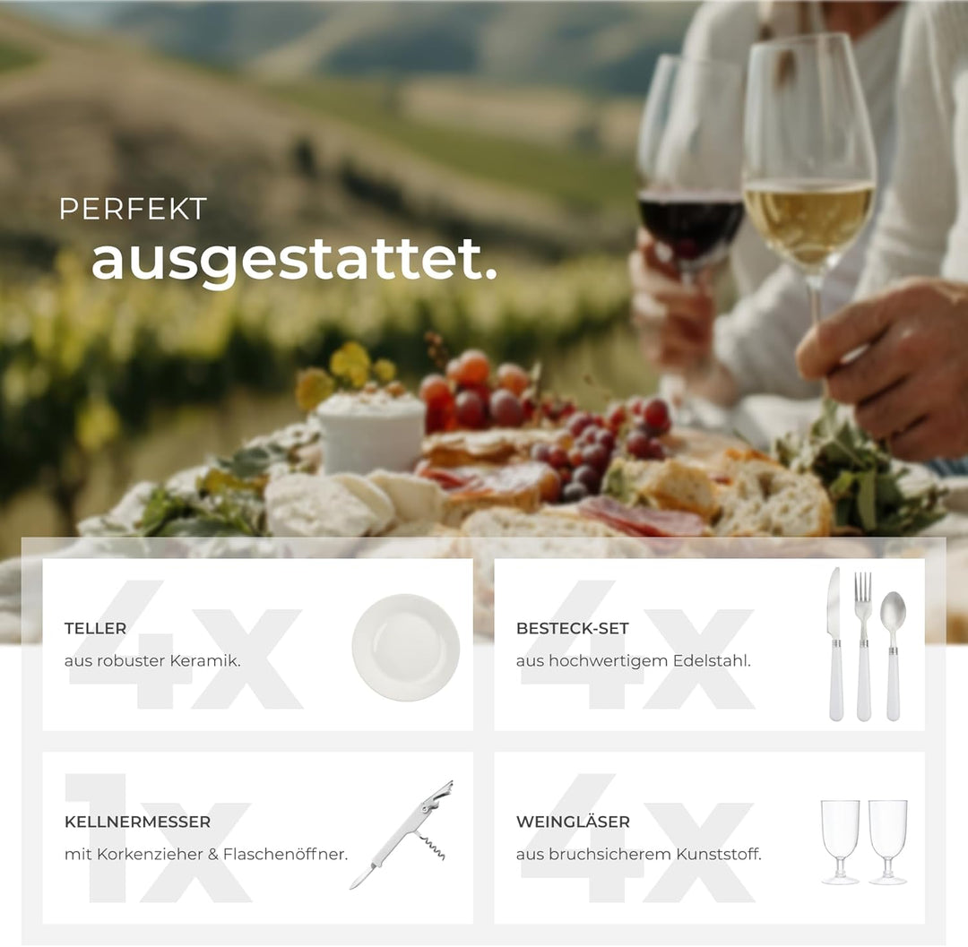 tectake® Picknickkorb 4 Personen, inkl. Kühlfach, befüllter Picnic Basket Weidenkorb für Ausflug, Ca