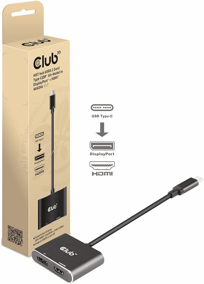 Club 3D MST Hub USB3.2 Gen2 Typ-C(DP™ Alt-Mode) auf DisplayPort™ + HDMI™ 4K60Hz St./B. CSV-1552, CSV