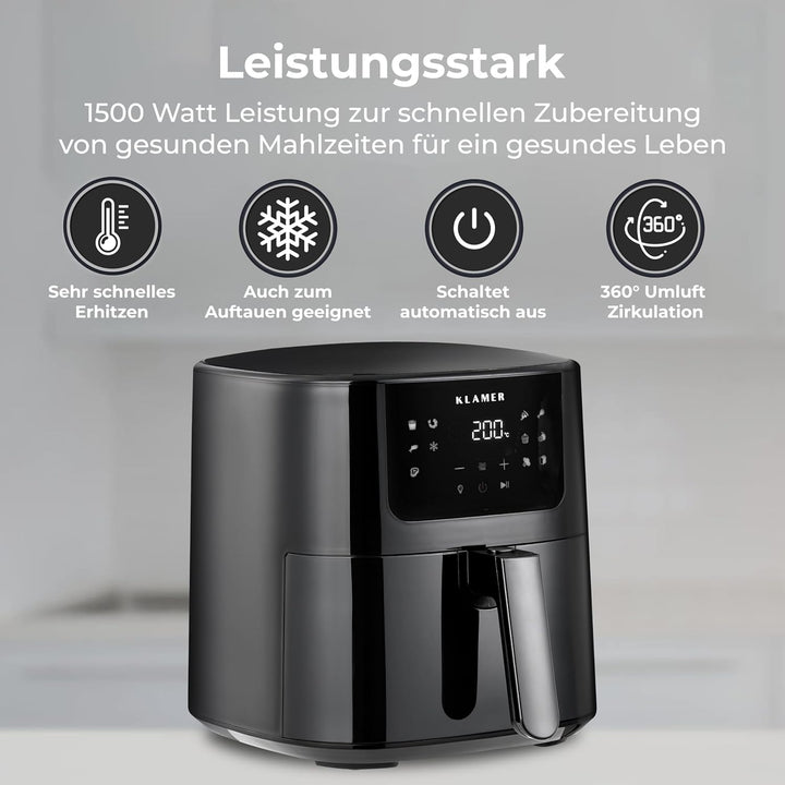KLAMER Heissluftfritteuse 5l XL, Heissluftfritteuse mit Sichtfenster & Schüttel-Erinnerung, Ölfreier