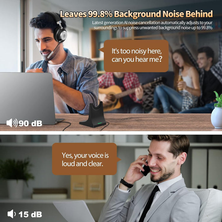 Wantek Wireless Business Headset mit Noise-Cancelling Mikrofon & Ladestation – Bluetooth 5.3 & 2.4GH