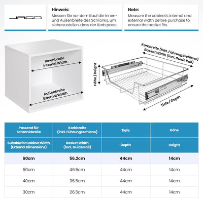 Jago® Teleskopschublade - inkl. Schienen, für Schrankbreite 30 40 50 oder 60 cm, verchromt, Setwahl